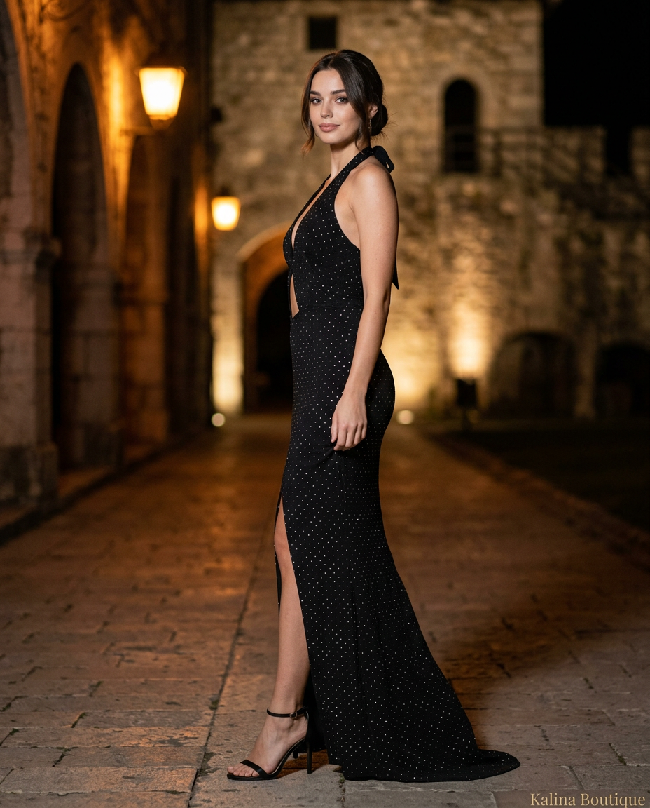NOA | Crna Halter Maxi sa Glitterom i Razrezom