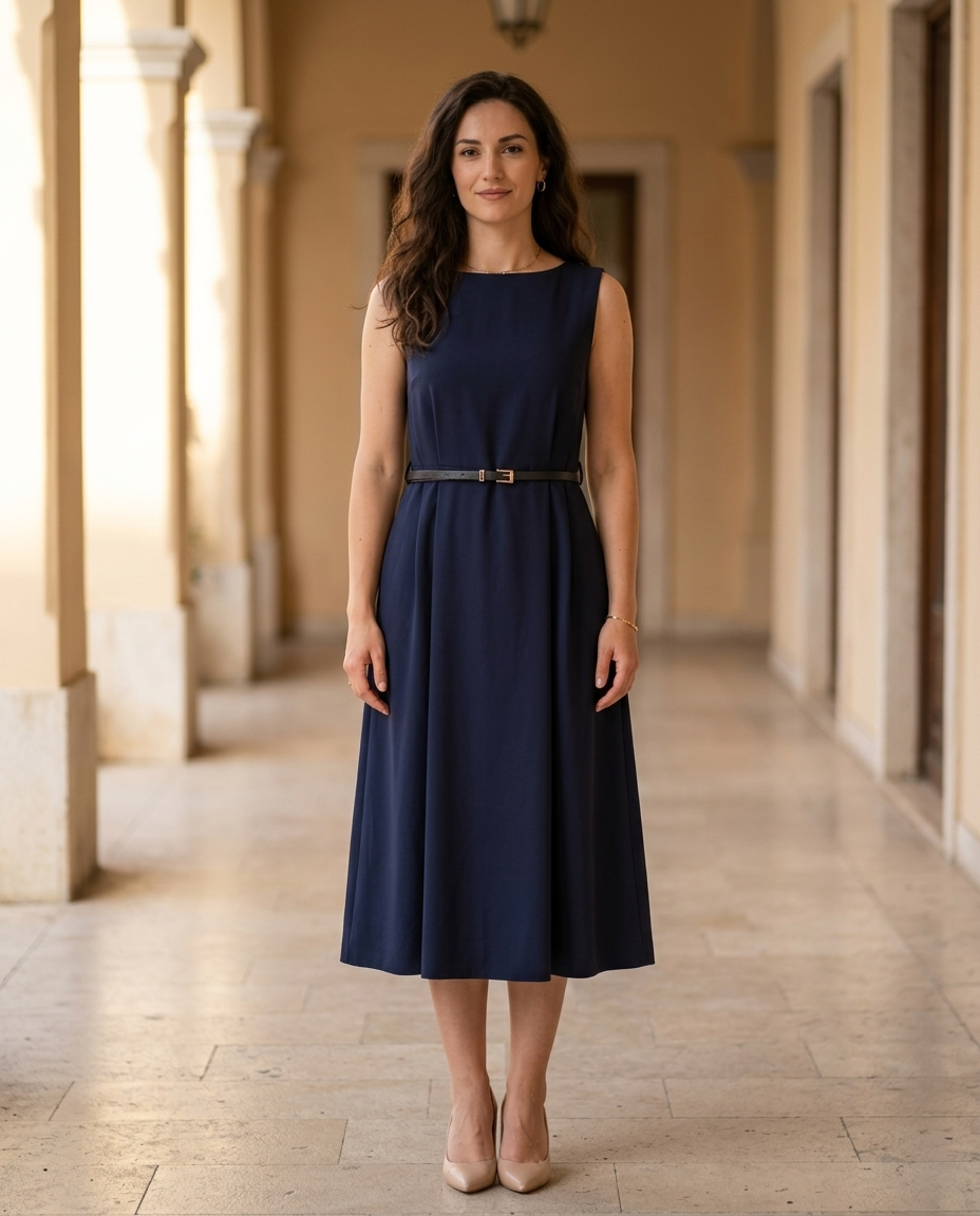 LIDA | Navy Klasik Midi Haljina sa Pojasem
