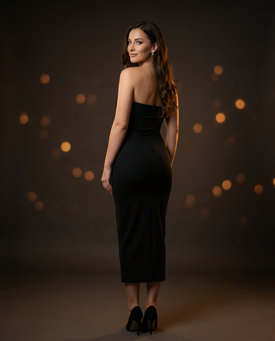 DIJANA | Crna Strapless Midi sa Cut-Out i Diamante Kopčama
