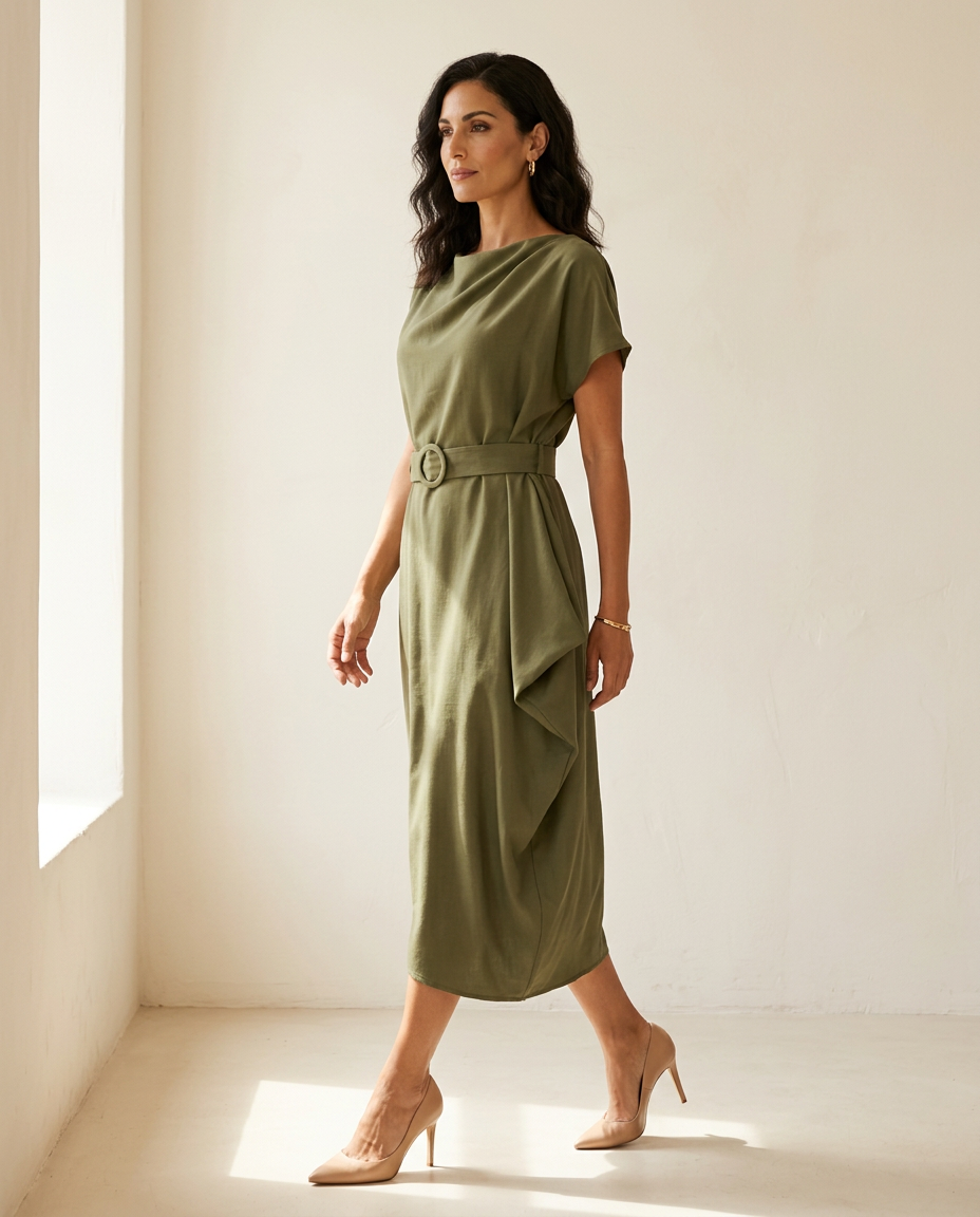 SARA | Maslinasta Midi Haljina sa Asimetričnim Drapery