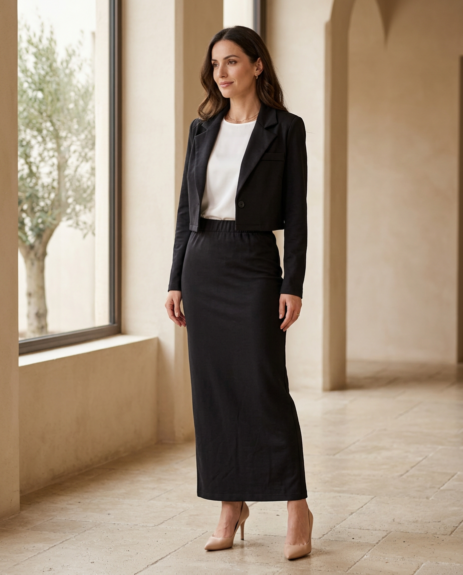 RAJNA | Crni Komplet — Cropped Blazer + Maxi Suknja