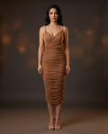 AMRA | Camel/Nude Mesh Ruched Midi Haljina