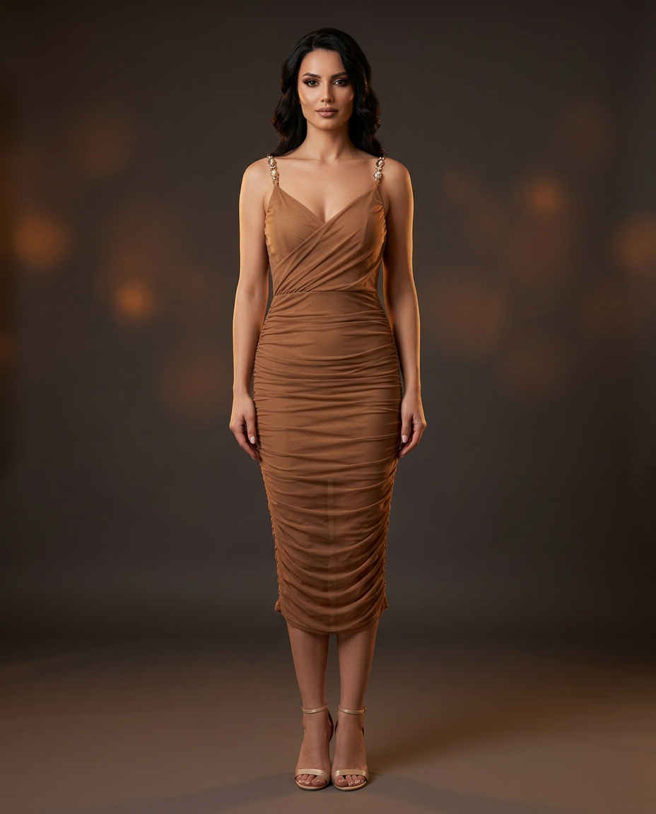 AMRA | Camel/Nude Mesh Ruched Midi Haljina