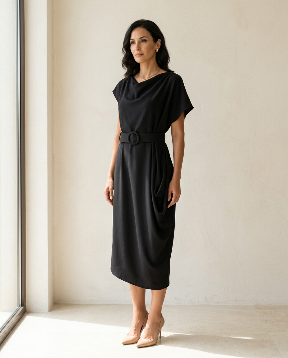 NINA | Crna Midi Haljina sa Asimetričnim Drapery