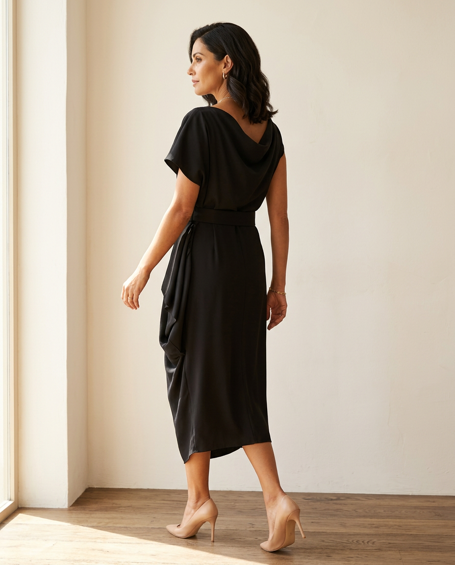 NINA | Crna Midi Haljina sa Asimetričnim Drapery