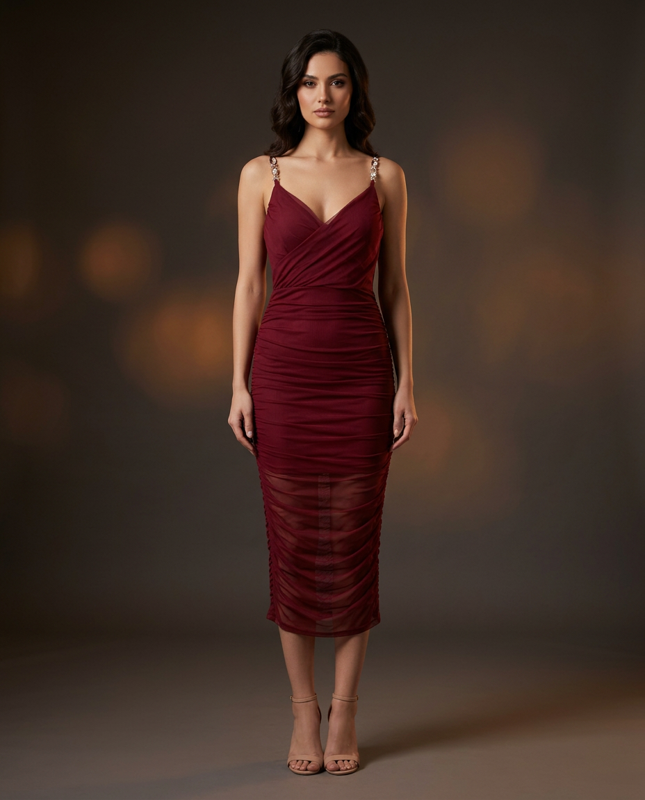 SIENA | Vinska Mesh Ruched Midi Haljina