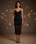 DALILA | Crna Mesh Ruched Midi Haljina sa Sheer Detaljom