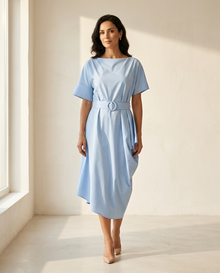 LANA | Baby Plava Midi Haljina sa Asimetričnim Drapery