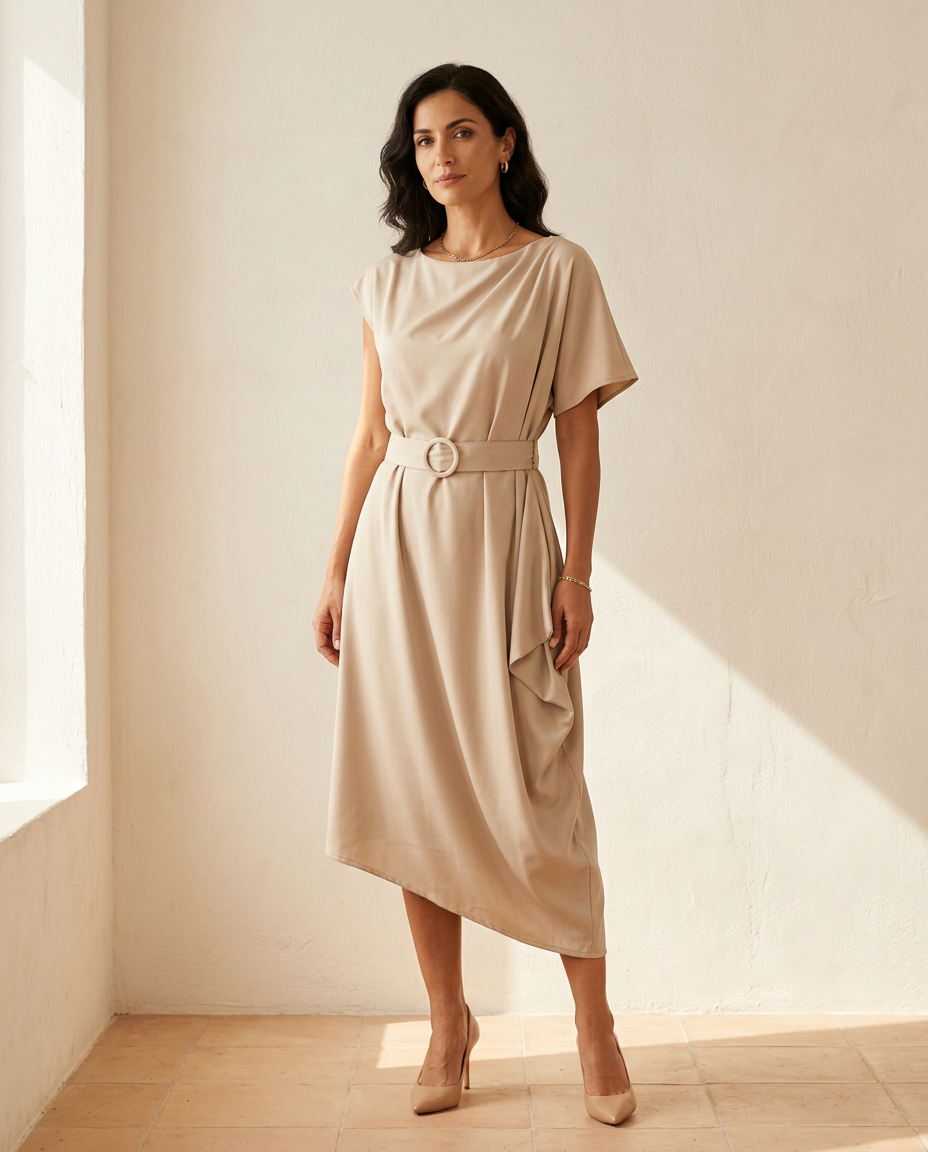 ANITA | Krem Midi Haljina sa Asimetričnim Drapery