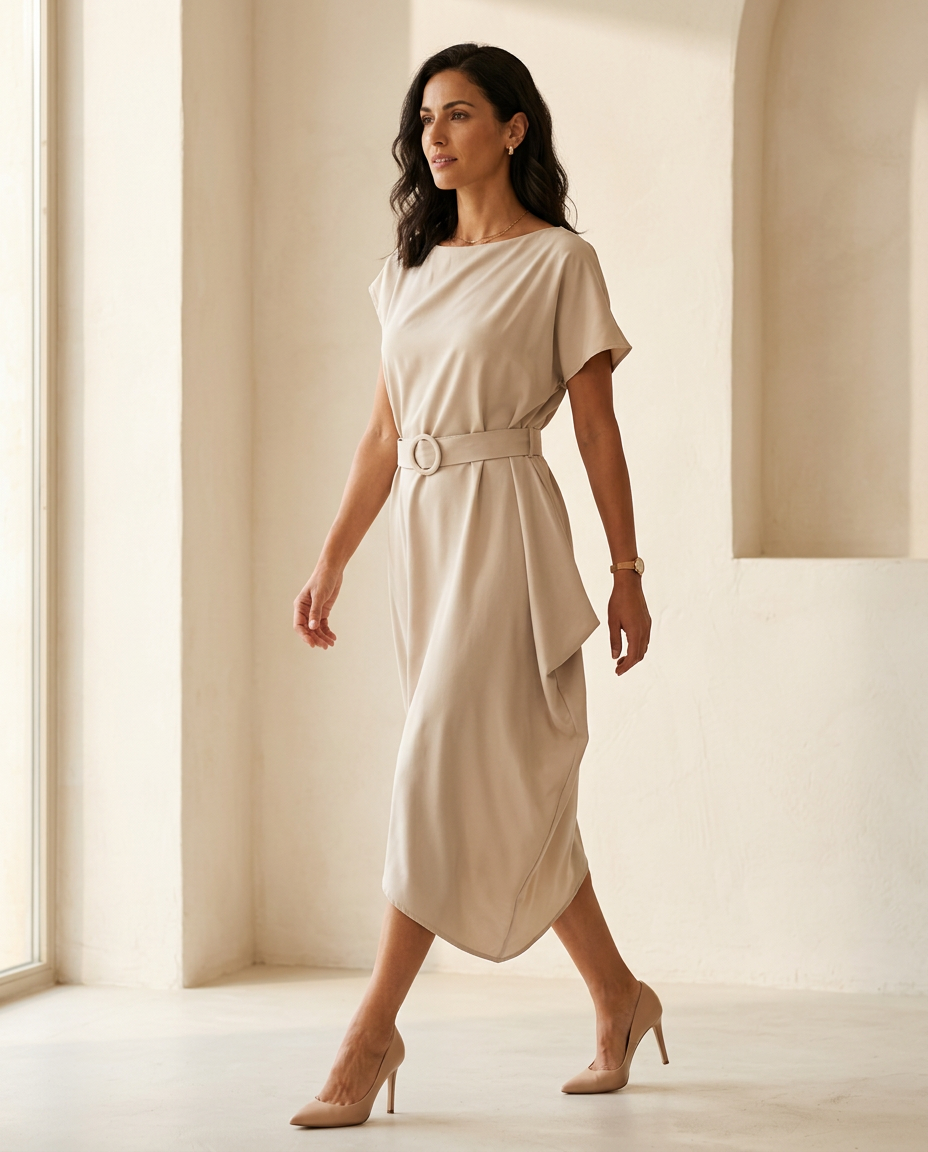ANITA | Krem Midi Haljina sa Asimetričnim Drapery