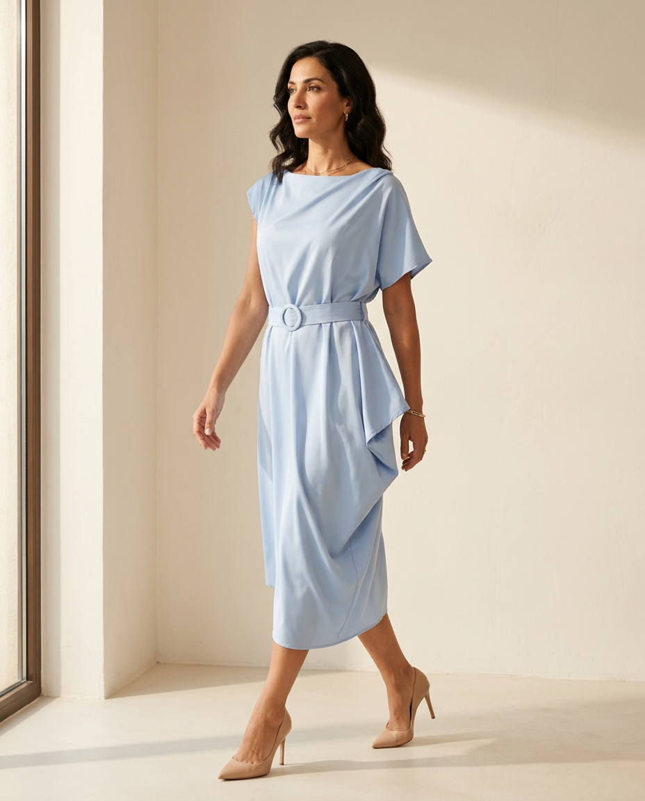 LANA | Baby Plava Midi Haljina sa Asimetričnim Drapery