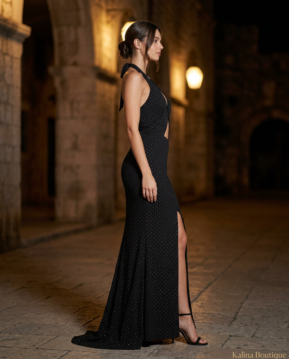 NOA | Crna Halter Maxi sa Glitterom i Razrezom