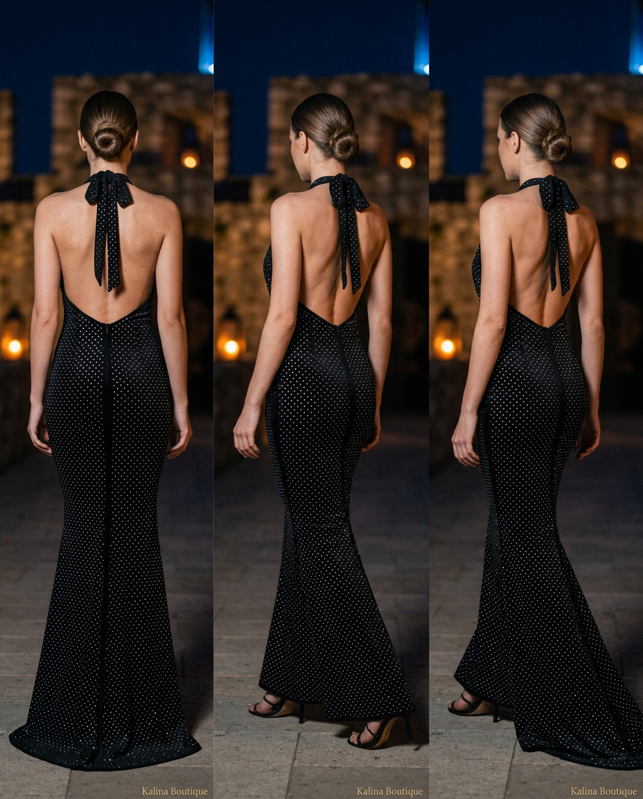 NOA | Crna Halter Maxi sa Glitterom i Razrezom
