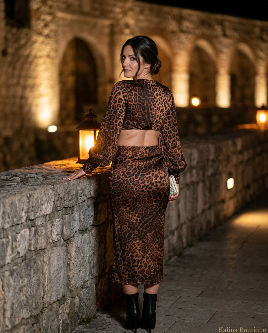 LEONA | Leopard Komplet — Crop Top + Maxi Suknja