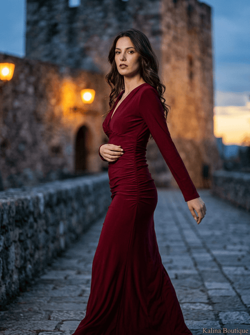 AIDA | Bordo Velur Maxi sa Dugim Rukavima - Kalina Mode