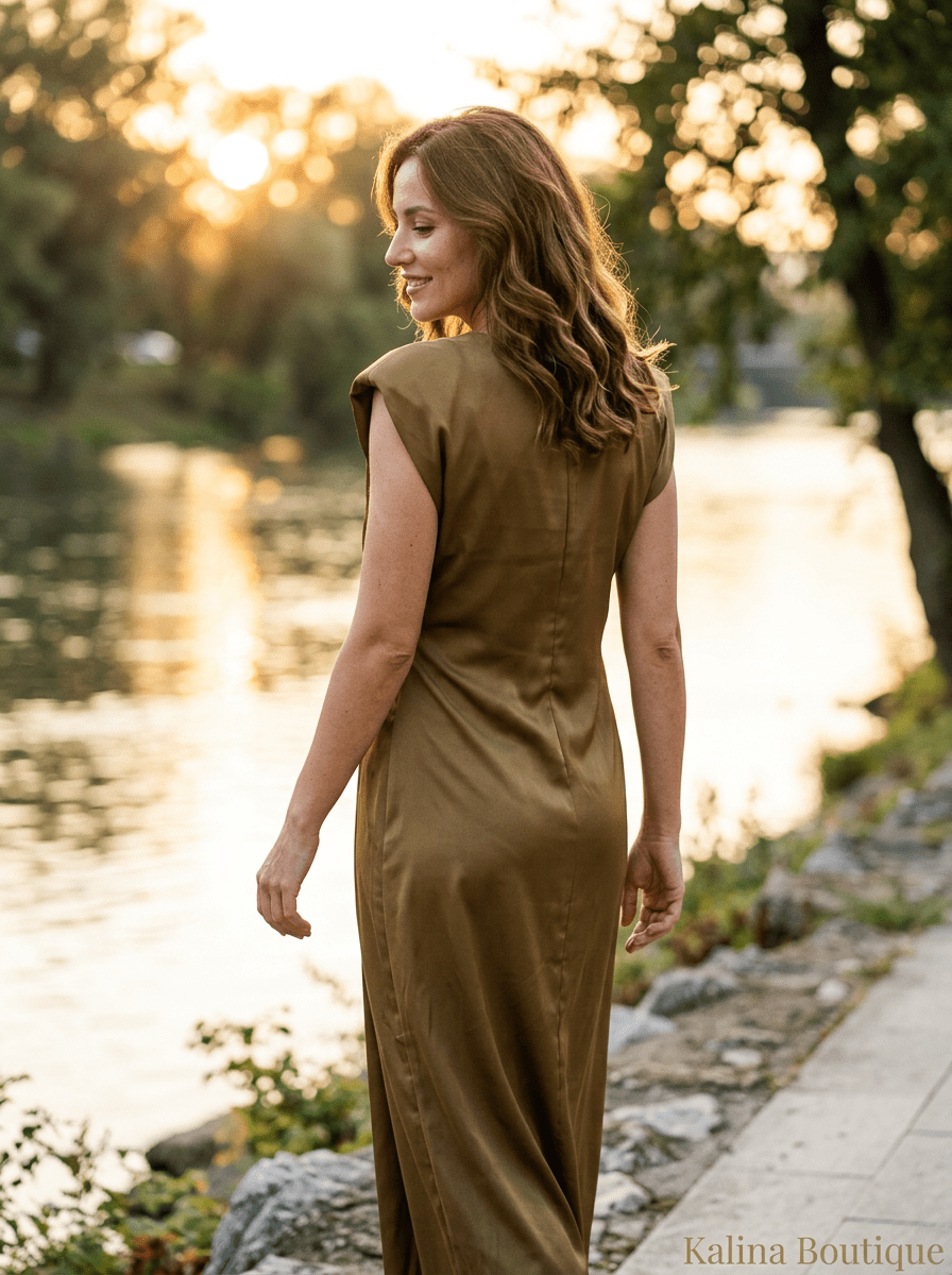 DUNJA | Bronzana Satenska Midi sa Čvorom - Kalina Mode