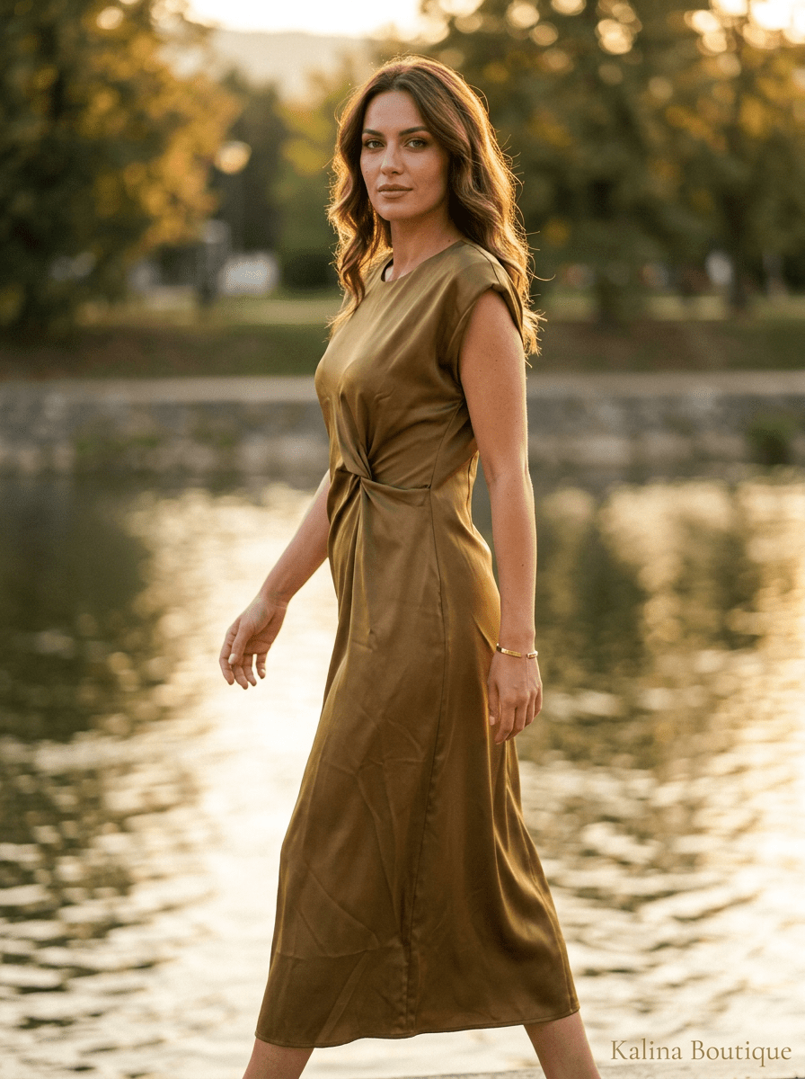 DUNJA | Bronzana Satenska Midi sa Čvorom - Kalina Mode