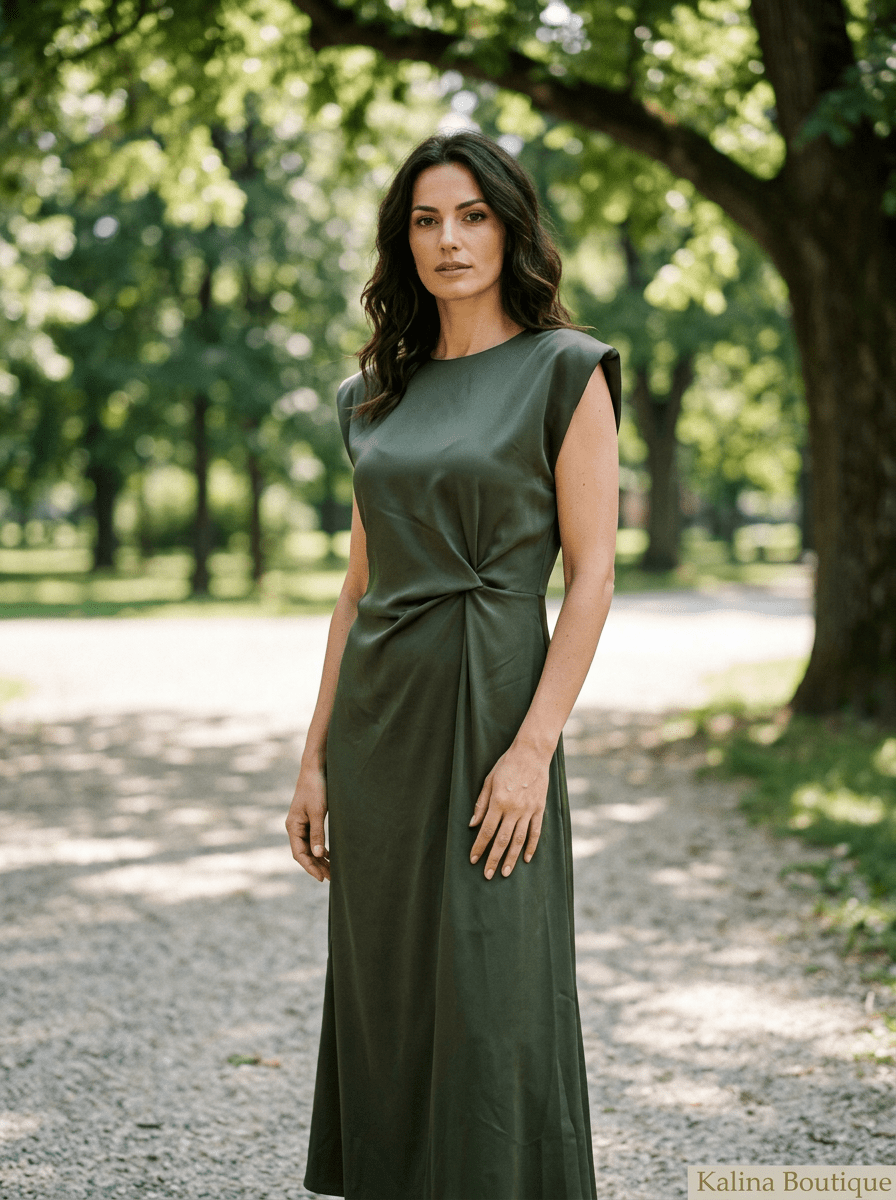 JANA | Maslinasta Satenska Midi sa Čvorom - Kalina Mode