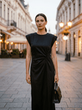LUNA | Crna Satenska Midi Haljina sa Čvorom - Kalina Mode