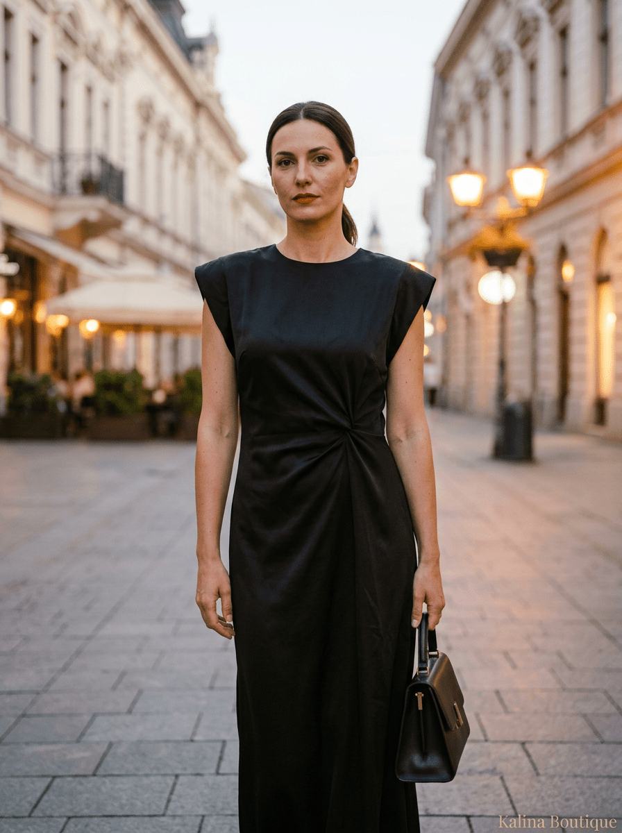 LUNA | Crna Satenska Midi Haljina sa Čvorom - Kalina Mode