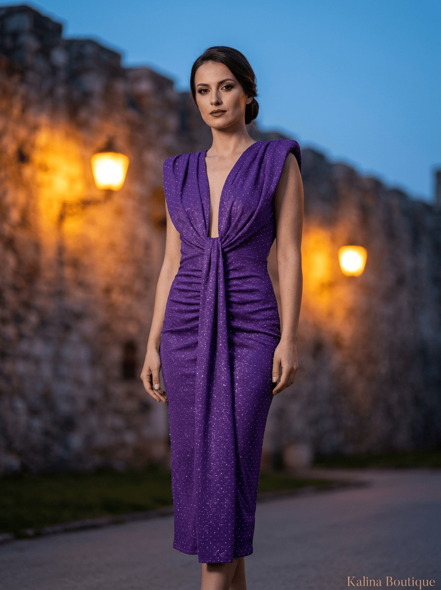 RIJANA | Ljubičasta Midi sa Glitter Detaljem