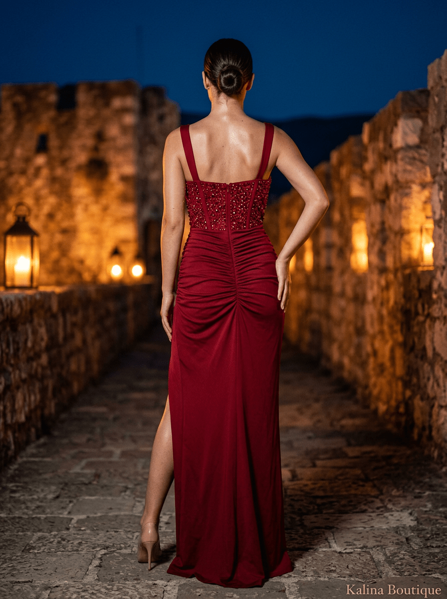 STELLA | Crvena Maxi Haljina sa Biserima - Kalina Mode